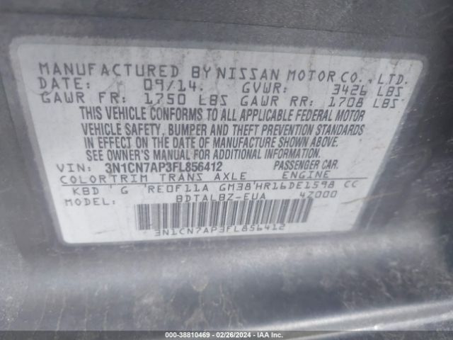3N1CN7AP3FL856412 Nissan Versa 1.6 S/1.6 S+/1.6 Sl/1.6 Sv