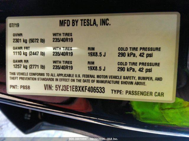 5YJ3E1EBXKF406533 Tesla Model 3 Long Range/performance