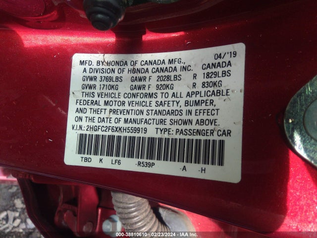 Honda Civic Lx 2019 2HGFC2F6XKH559919 Image 9