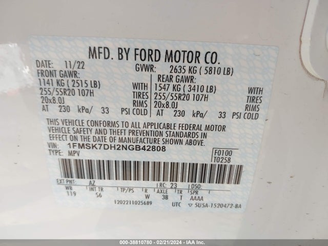 Ford EXPLORER XLT 2022 1FMSK7DH2NGB42808 Image 9