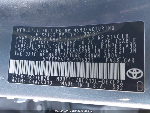 Toyota COROLLA LE 2020 5YFEPRAE9LP115321 Image 9