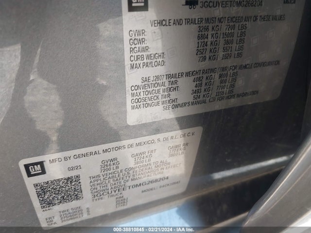 Aukcja sprzedaży 2021 Chevrolet Silverado 1500 4wd  Short Bed Rst, vin: 3GCUYEET0MG268204, numer aukcji: 38810845