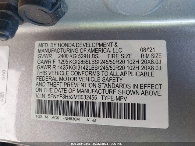 Honda Passport Awd Ex-l 2021 5FNYF8H52MB032455 Image 9