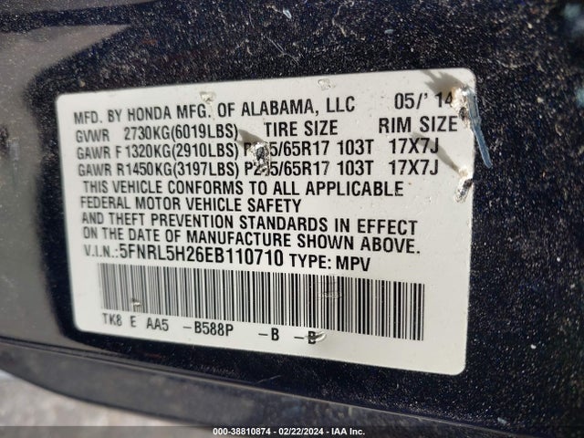 Honda ODYSSEY LX 2014 5FNRL5H26EB110710 Image 9