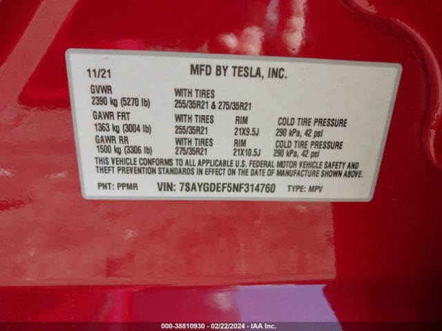 7SAYGDEF5NF314760 Tesla Model Y Performance Dual Motor All-wheel Drive