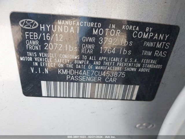 2012 HYUNDAI ELANTRA GLS (ULSAN PLANT) VIN: KMHDH4AE7CU453875