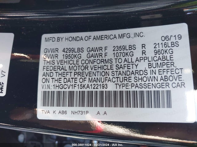Honda ACCORD LX 2019 1HGCV1F15KA122193 Image 9