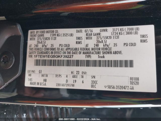 1FTEW1EG5GKF39227 Ford F-150 Lariat