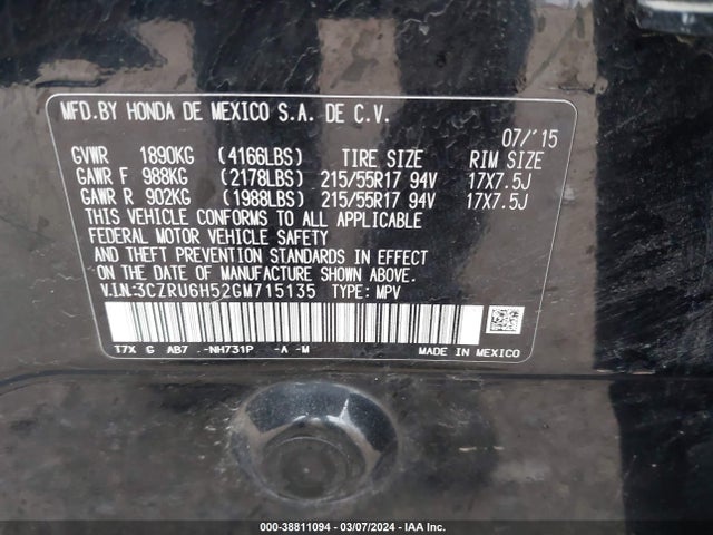 Honda HR-V EX 2016 3CZRU6H52GM715135 Image 9