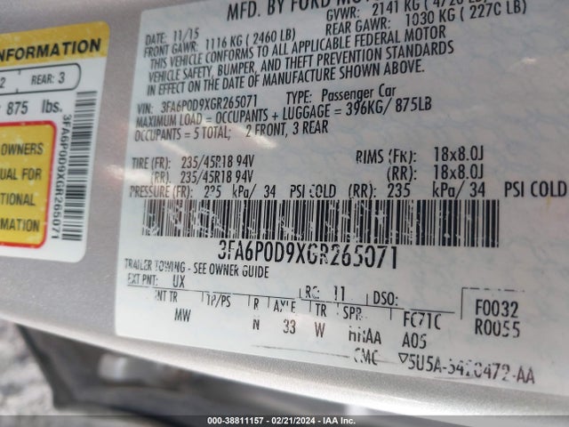 Ford Fusion Titanium 2016 3FA6P0D9XGR265071 Image 9