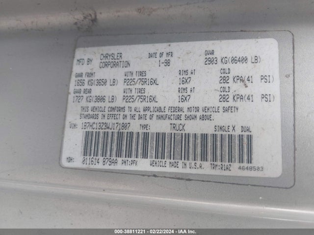 1998 DODGE RAM 1500 ST VIN: 1B7HC13Z3WJ171807