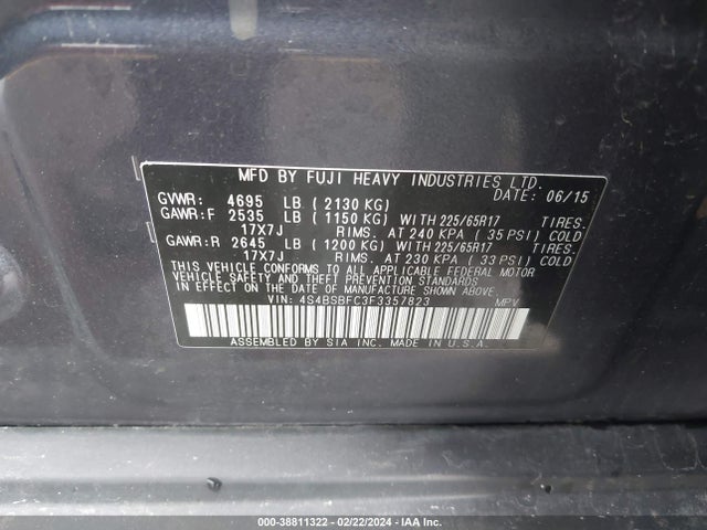 Subaru Outback 2.5i Premium 2015 4S4BSBFC3F3357823 Image 9