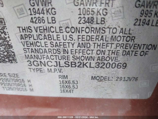 Chevrolet Trax Lt 2019 3GNCJLSB2KL320069 Image 9