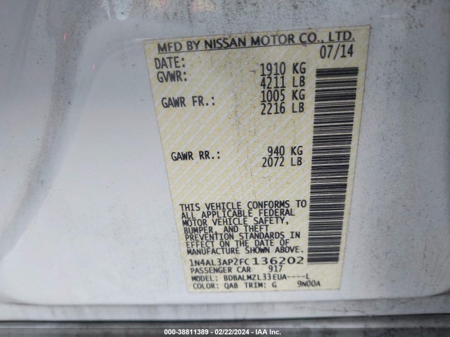 Nissan Altima 2.5 Sv 2015 1N4AL3AP2FC136202 Image 9