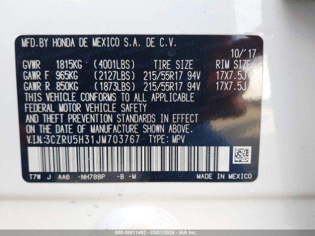 3CZRU5H31JM703767 Honda HR-V LX