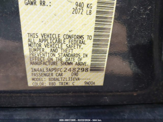 Nissan Altima 2.5 Sl 2015 1N4AL3AP9FC248298 Image 9