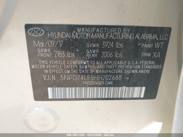Hyundai ELANTRA SE 2017 5NPD74LF5HH202688 Image 9