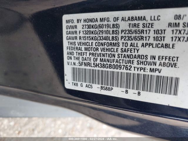 5FNRL5H38GB009762 Honda ODYSSEY SE