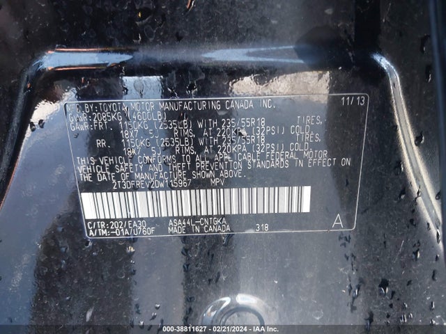 2013 TOYOTA RAV4 LIMITED VIN: 2T3DFREV2DW115967