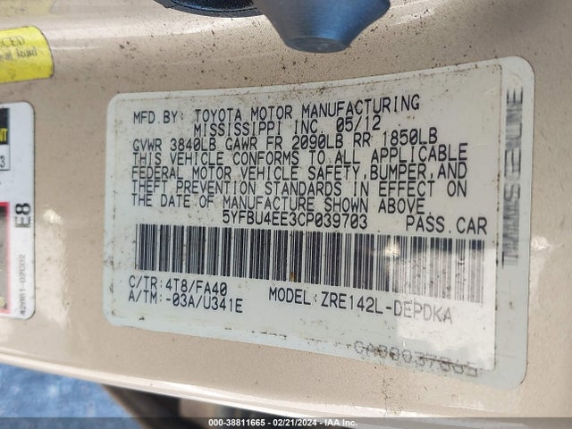 2012 TOYOTA COROLLA L VIN: 5YFBU4EE3CP039703