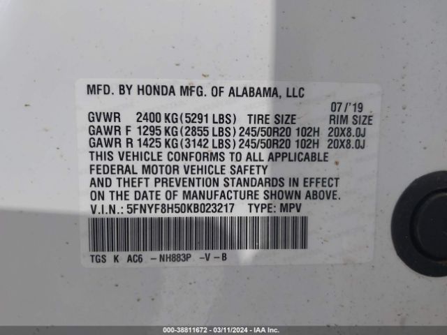 5FNYF8H50KB023217 Honda Passport Ex-l