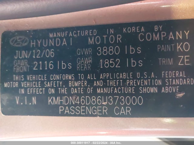 2006 HYUNDAI ELANTRA GLS/LIMITED VIN: KMHDN46D86U373000