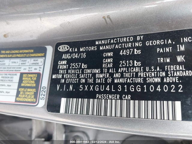 KIA OPTIMA EX 2016 5XXGU4L31GG104022 Image 9