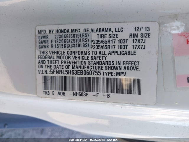 Honda Odyssey Ex-l 2014 5FNRL5H63EB060755 Image 9