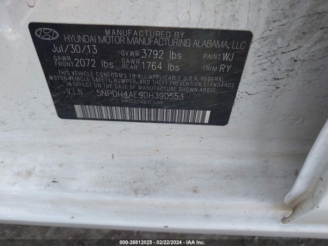 2013 Hyundai Elantra Limited მანქანა იყიდება აუქციონზე, vin: 5NPDH4AE9DH390553, აუქციონის ნომერი: 38812025