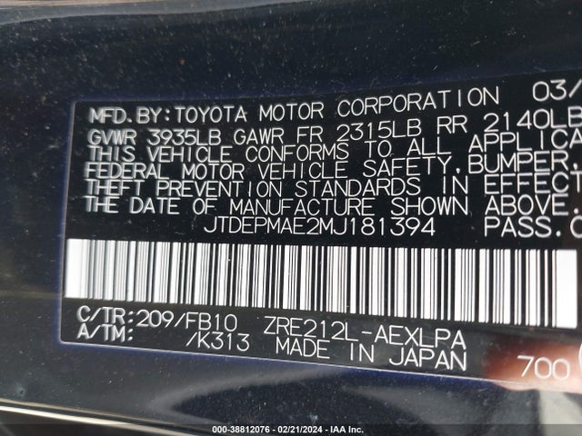 Toyota COROLLA LE 2021 JTDEPMAE2MJ181394 Image 9
