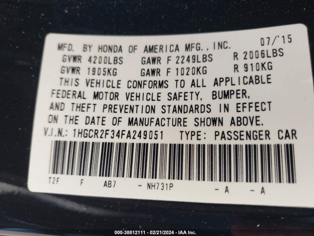 Honda ACCORD LX 2015 1HGCR2F34FA249051 Image 9