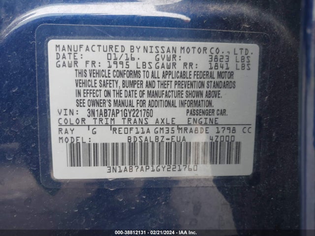 Nissan SENTRA S 2016 3N1AB7AP1GY221760 Image 9