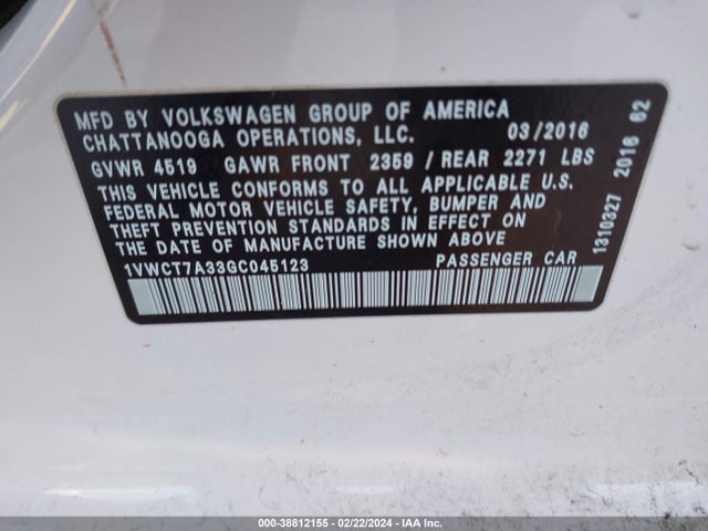 1VWCT7A33GC045123 Volkswagen Passat 1.8t Sel