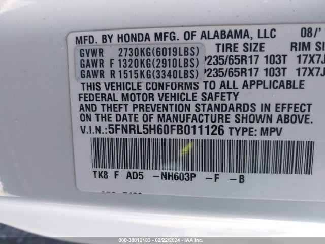 Honda Odyssey Ex-l 2015 5FNRL5H60FB011126 Image 9