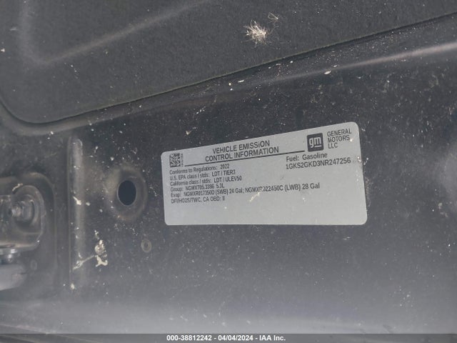 38812242 :رقم المزاد ، 1GKS2GKD3NR247256 vin ، 2022 Gmc Yukon Xl 4wd Slt مزاد بيع