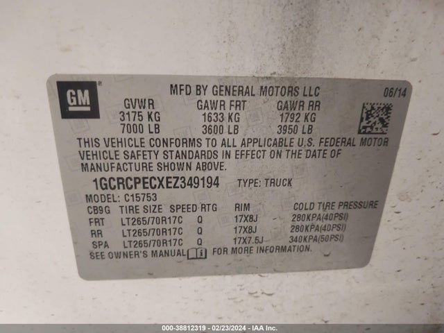 2014 CHEVROLET SILVERADO 1500 WORK TRUCK 1WT VIN: 1GCRCPECXEZ349194