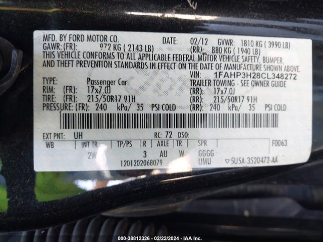 2012 FORD FOCUS SEL VIN: 1FAHP3H28CL348272