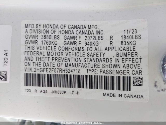 2HGFE2F57RH524718 Honda Civic Sport