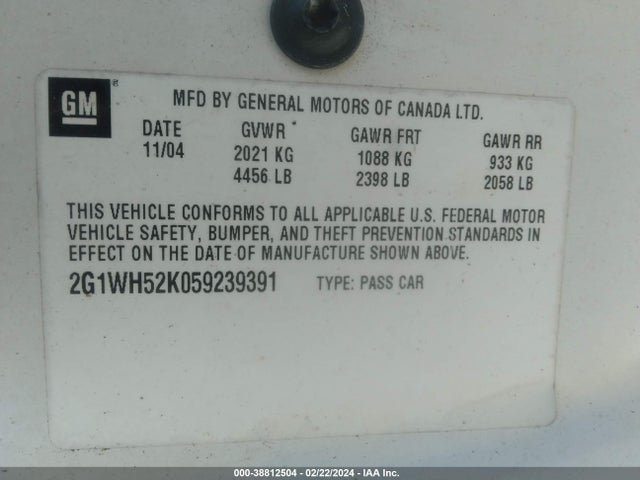 2005 CHEVROLET IMPALA LS VIN: 2G1WH52K059239391
