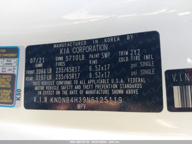 KNDNB4H39N6125119 KIA Carnival Mpv Lx Seat Package