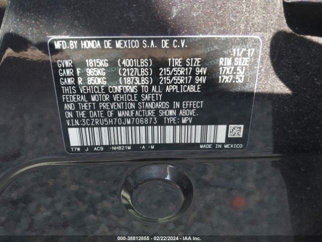 3CZRU5H70JM706873 Honda Hr-v Ex-l
