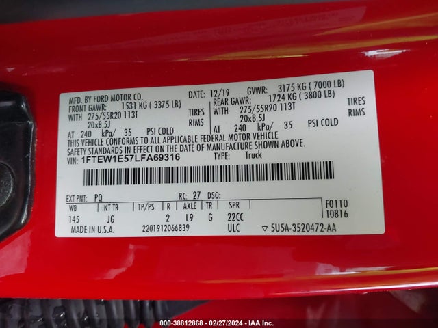 Ford F-150 Xl 2020 1FTEW1E57LFA69316 Image 9