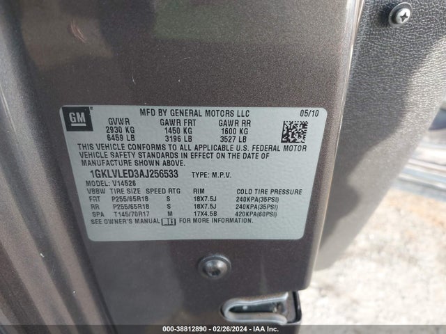 2010 GMC ACADIA SLE VIN: 1GKLVLED3AJ256533