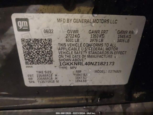 1GKKNRL40NZ182173 GMC Acadia Awd Sle