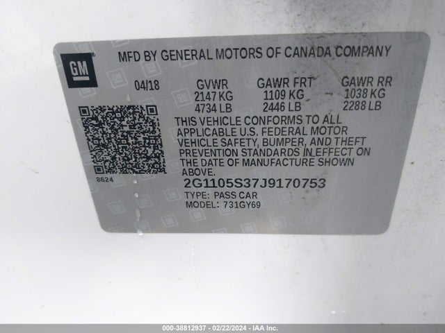 Chevrolet IMPALA 1LT 2018 2G1105S37J9170753 Image 9