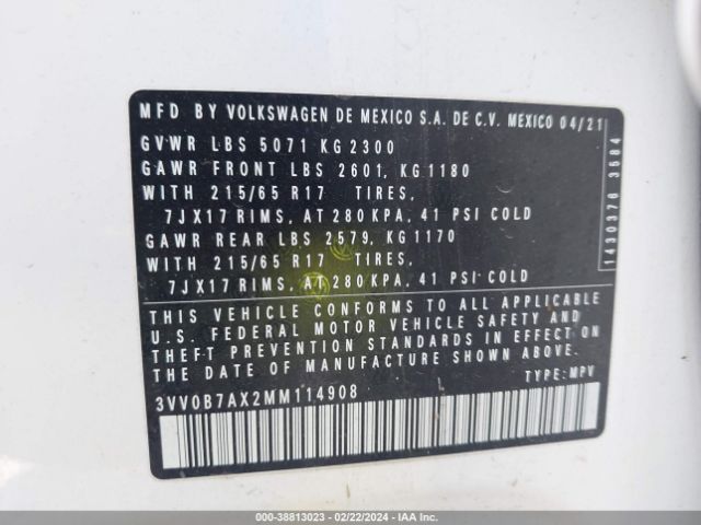 3VV0B7AX2MM114908 Volkswagen Tiguan 2.0t S