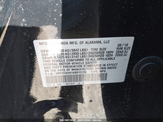 Honda Pilot Touring 2019 5FNYF6H91KB013156 Image 9
