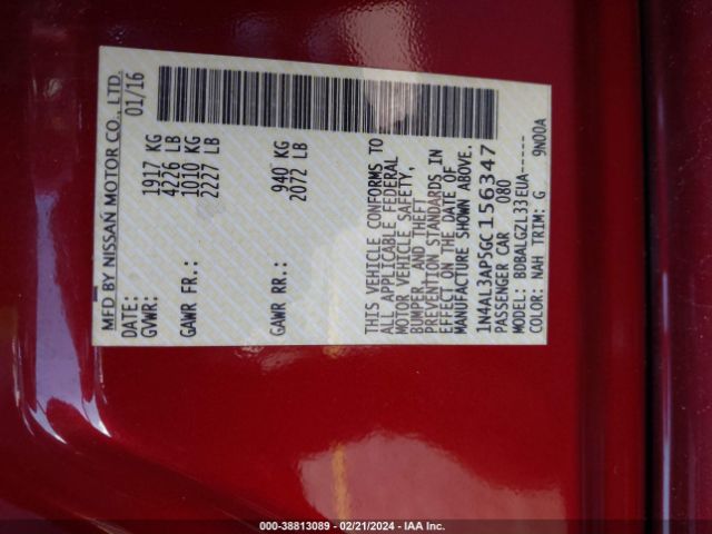 1N4AL3AP5GC156347 Nissan Altima 2.5/2.5 S/2.5 Sl/2.5 Sr/2.5 Sv