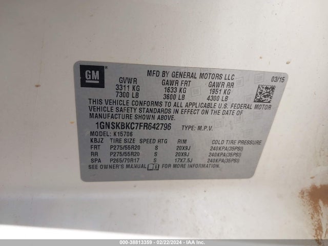 Chevrolet Tahoe Lt 2015 1GNSKBKC7FR642796 Image 9
