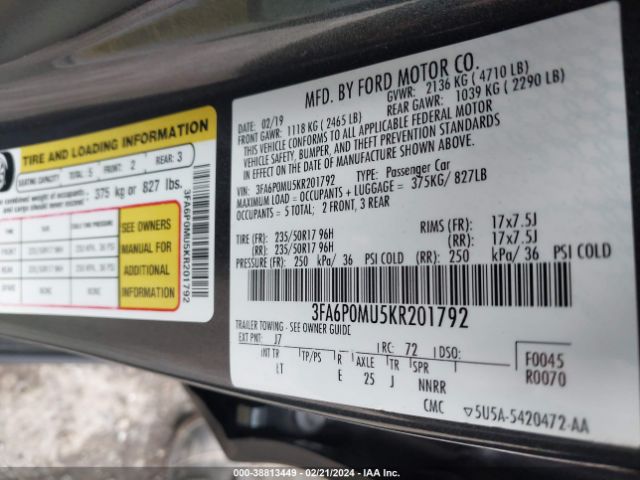 3FA6P0MU5KR201792 Ford Fusion Hybrid Sel